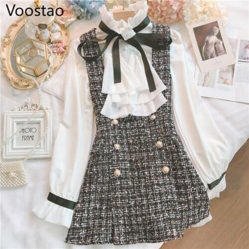 Spring Autumn French Vintage 2 Piece Set Overalls Straps Dress Women Elegant Chiffon Bow Shirt Tops Plaid Tweed Vest Dress Suit