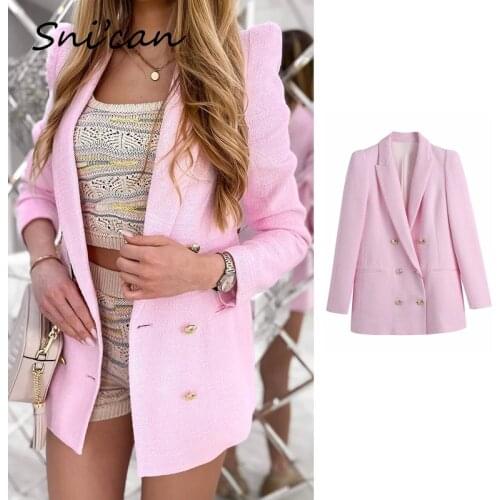Snican Pink Woolen Tweed Veste Femme Fashion Uniform Office Ladies Double Breasted Chic Tops Casual Jacket Coat Za 2021 Women