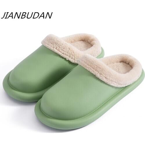 JIANBUDAN Waterproof Slippers Home Comfort Indoor Warm Shoes Womens Men EVA Soft sole Flat Plush slippers Winter women slippers