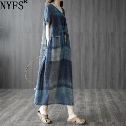 NYFS Summer dress 2021 New Loose Vintage long dress Vestidos Robe Elbise Cotton Korean Grey character Printing Woman dress