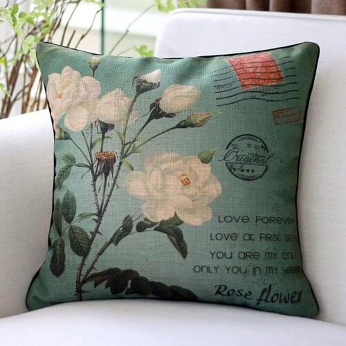 White and Pink Rose Cushion Throw Pillow Case Classic Nordic Sofa Living Room Decoration White Rose Cotton Linen American Style