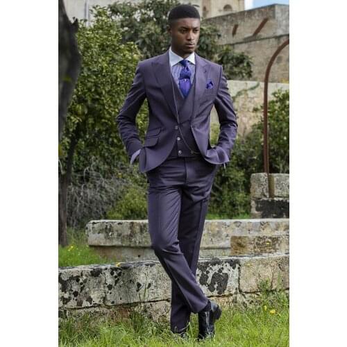 Purple Men Suits Peaked Lapel Jacket Costume Homme Slim Fit Male Suits Groom Wear Wedding Suit 3 Pieces (Blazer+Pant+Vest)