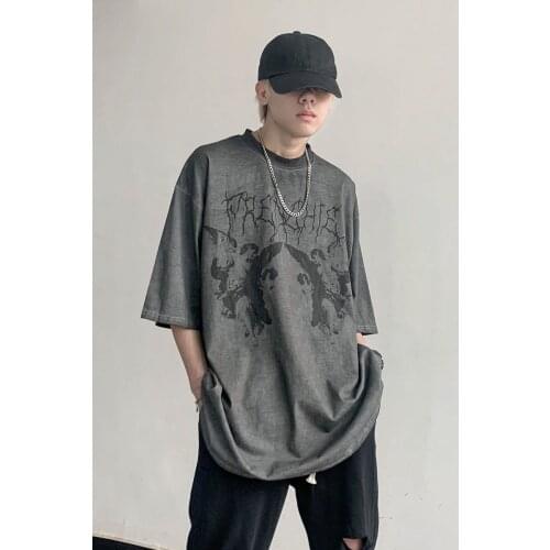 Cotton dark angel gothic style old washed retro printed short-sleeved male high street loose tide brand korn t shirt
