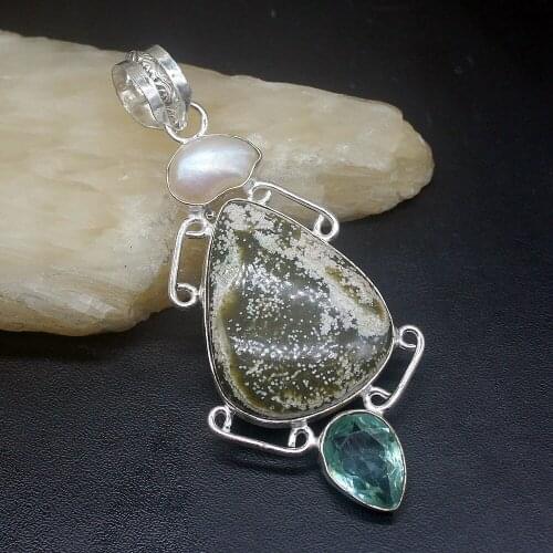 Gemstonefactory Jewelry Big Promotion 925 Silver Natural Ocean Jasper Biwa Pearl Topaz Women Ladies Gifts Necklace Pendant 0728