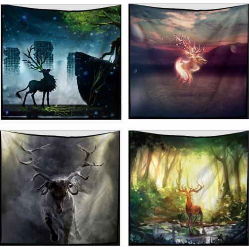 Polyester Fancy Fairy Tale Elk Pattern Tapestry Beach Throw Mat Yoga Rug Deer Wall Hanging Gobelin Modern Home Decor Art Crafts
