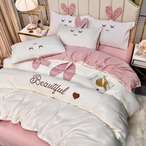 Nordic Ins Ice Silk Four-Piece Set Summer Princess Style Girl Heart Bed Sheet Fitted Sheet Quilt Cover Three-Piece Bedding Set