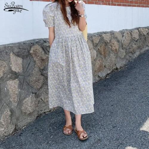 Korean Soft Floral Dresses Casual Dress Woman Short Sleeve Summer Dress with Bubble Sleeve Elegant Party Dress Robe Femme 15092
