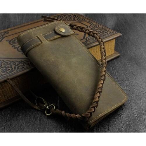 Crazy Horse Leather Long Biker Trucker Wallet With A Purse Chain Anti Theft