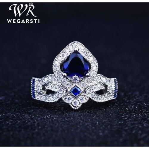 WEGARSTI Silver 925 Jewelry Ring Created SAPPHIRE Trendy Party 925 Sterling Silver Crown Rings Jewelry Woman Wedding Party Gift