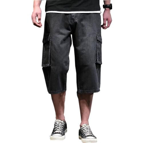 Mens Denim Shorts Summer Denim Cropped Pants Mens Loose Multi-pocket Overalls Pants Large Size Straight Pants