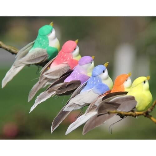 Pack of 12 Artificial Feathered Birds Garden Outdoor Statues for Bonsai Hanger Lawn Decoration