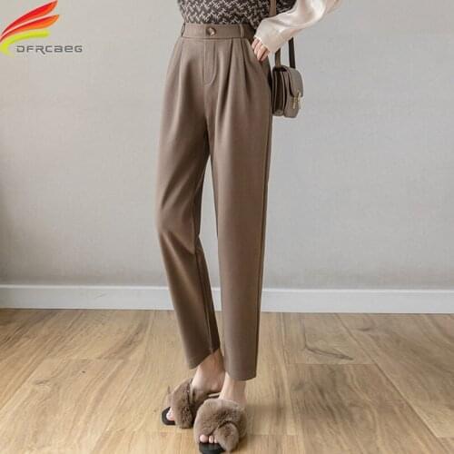 New 2020 Winter Pants Women Ankle-Length Woolen Pencil Pants High Elastic Waist Pockets Korean Streetwear Mujer Pantalones