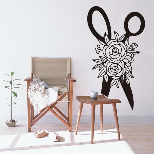 Large Scissors Flower Crafter Sewing Quilting Wall Sticker Sewing Room Hairdress Scissors Barber Shop Wall Decal Vinyl Decor