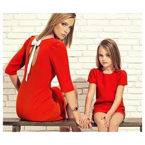 Mother Daughter Dresses High Quality Bow Mom Baby Half Sleeves Dress for Girls Mum and Daughter Clothes Family Matching Outfits