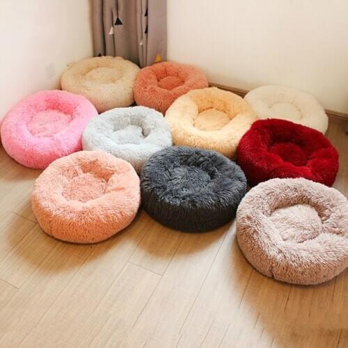 Hot Long Plush Dog Bed Winter Warm Round Sleeping Beds Soild Color Soft Pet Dogs Cat Mat Cushion Dropshipping