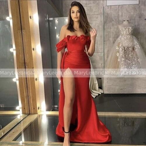 Sexy Red Evening Dresses With High Split Ruffles Strapless Off The Shoulder Pleats Satin Women Evening Dress Party Formal Gowns
