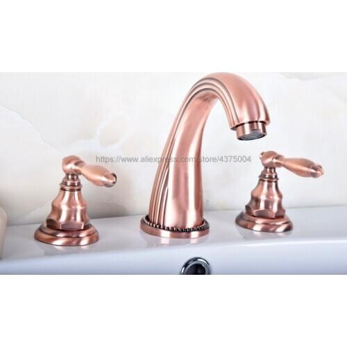 Basin Faucet Antique Red Copper 3 Hole Bathroom Sink Faucet Deck Mounted Cold Hot Vintage Sink Faucet Mixer Tap Nrg082