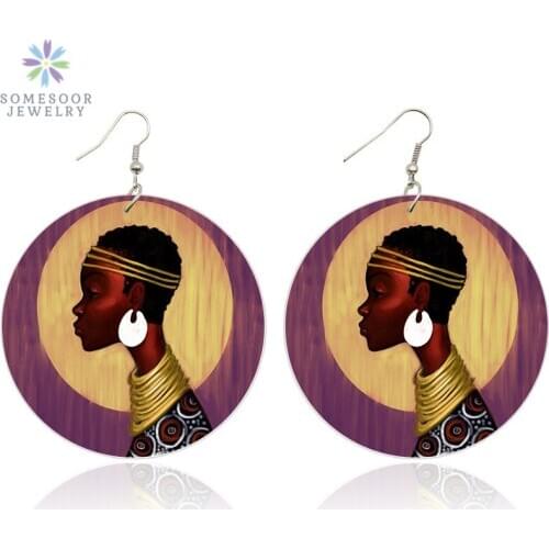 SOMESOOR Printed Retro Afro Woman Wooden Drop Earrings Black Women Photos Dangle African Art Wood Jewelry For Lady Gifts