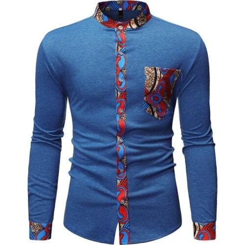 Tops Fit Kente Clothing Long Sleeve African Print Cotton Dress Shirt Men Casual Fashion High Stand Collar Patchwork Button