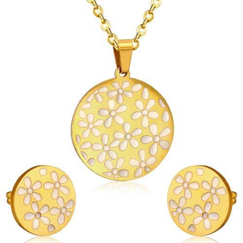 LUXUKISSKIDS Women Flower Jewelry Sets Gold Stainless Steel Shell Necklaces Earrings Wedding Dubai African Jewelry Set For Girls
