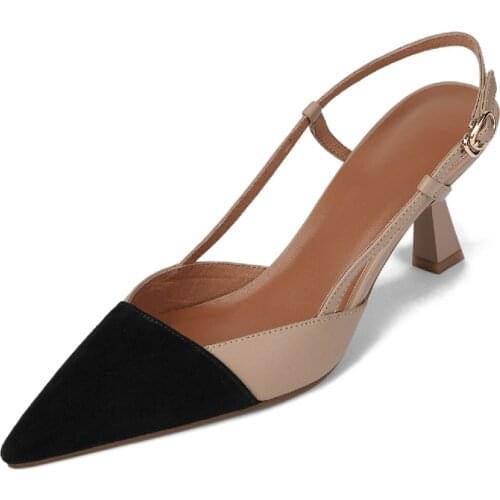 Womens genuine leather black toe patchwork slingback thin high heel pointed toe elegant ladies summer pumps slin sandals shoes
