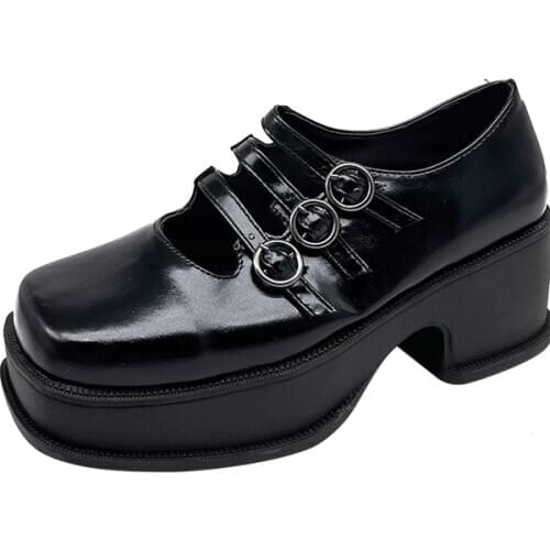 Triple Strap Womens Mary Jane platform pump shoes with Square Toe in Color Black