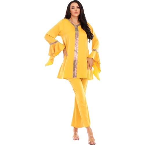 Dubai Turkey Muslim Middle East Southeast Asia Arab 2021 Summer New Fashion Sequin Long Sleeve Top + Long Pants Two-Piece Set