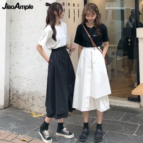 Womens Summer Two Pieces Clothing Set 2021 New Girls Student Leisure T Shirt Skirts Sets Ladies White O-Neck Short Sleeve Tops