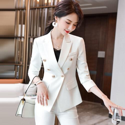 2021 Spring Autumn Women Vintage Suits Lady Double Breasted Blazer and Long Pencil Pant Set Female Solid OL 2 Pieces Set N261