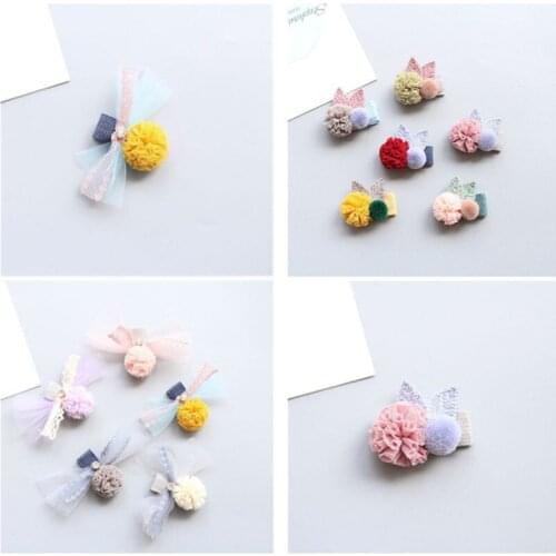 10pcs/lot New Arrival Girls Children Flower Hairpins Princess Ribbon Bow Pom Pom Hair Clip Crystal Barrette Accessories