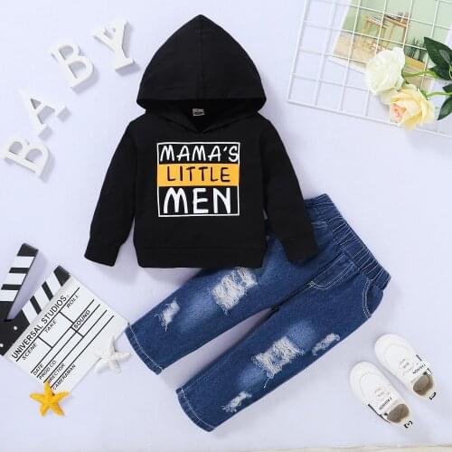 Winter Fall Baby Toddler Boys 2PCS Clothes Set Long Sleeve Hooded Sweater + Hole Jeans Pocket Embroidery Kids 1- 4 Year