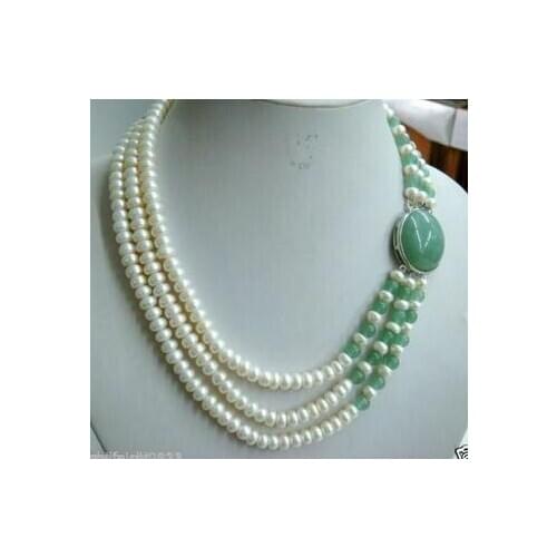 3 Row 7-8mm White Freshwater Pearl & green Jade Necklace 17-19