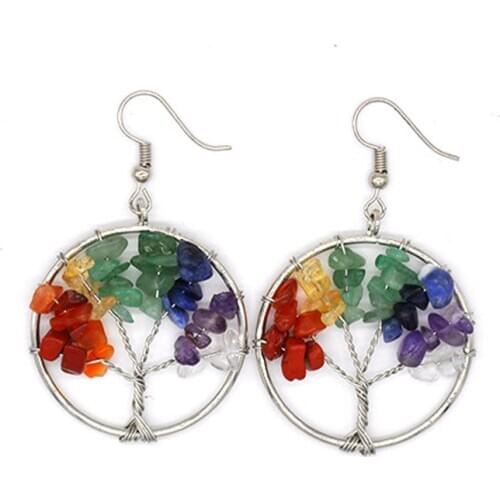 7 Chakra Quartz Natural Stone Tree of Life Pattern Hollow Out Earrings for Women long Earrings Designs moda mujer Pendientes