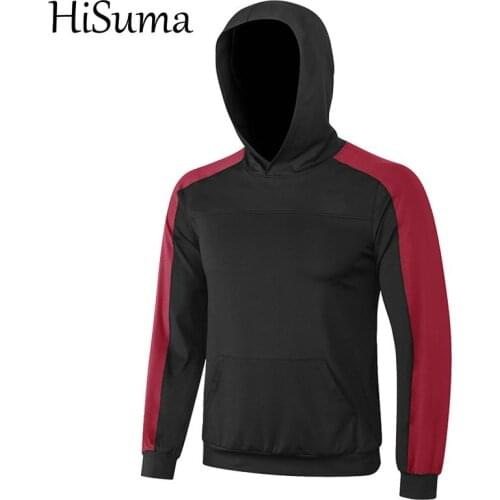 HISUMA Spring Autumn Men Compression Quick Dry Shirt Hooded T-Shirt Patchwork Skinny Fitness Sweatshirt Bodybuilding Tops Tees