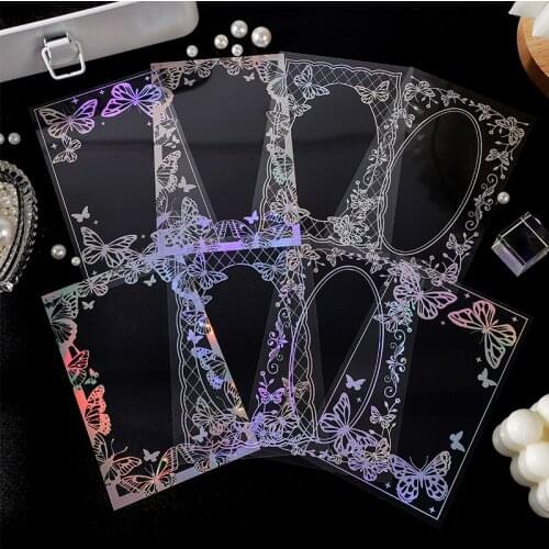 Dimi 8 Sheets Laser Rose Butterfly Frame PET Waterproof Collage Cards Decoration Diary Album DIY Aesthetic Sticker Stationery
