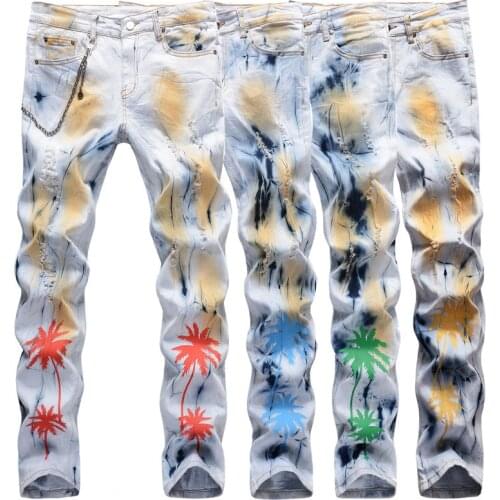 Hip hop jeans men Slim skinny jeans fashion high quality cotton Tie dye printing trousers male ripped jeans