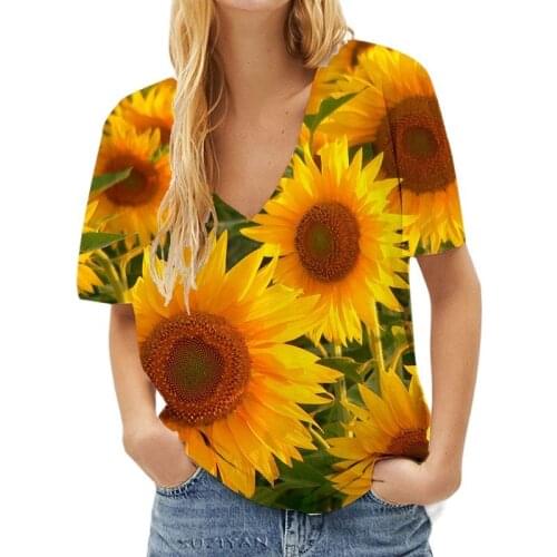 Sunflower Printed Womens T-shirt Summer Casual Women Clothes Harajuku Short Sleeve S 5xl 3d Tshirts Streetwear V-neck Tops Tee