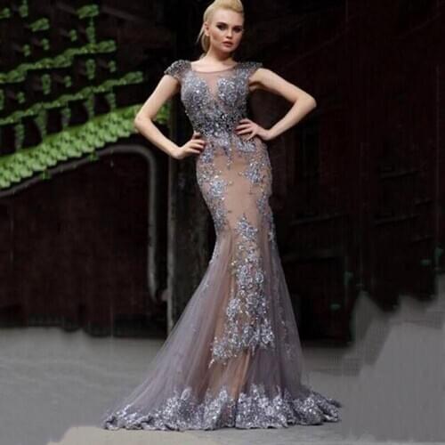 Glamorous Gray Long Mermaid Prom Dresses Cap Sleeve Beads Applique Trumpet Arabic Prom Party Gown Formal Evening Dress