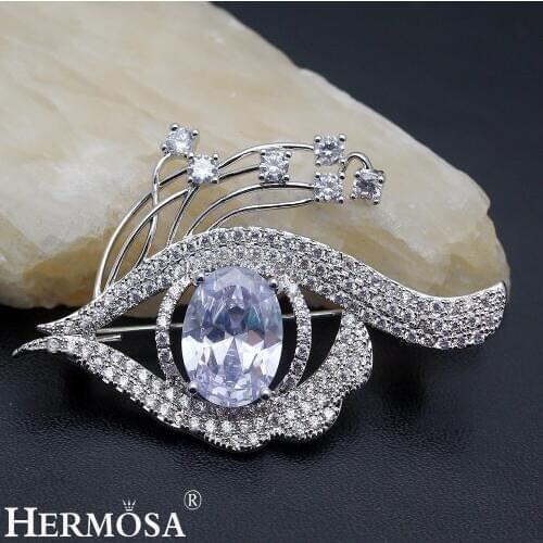 Hermosa Amazing Party Show Jewelry Brilliant Eye Shape White CZ Brooch Pins Bridal Wedding Brooches Pretty Womens Gift