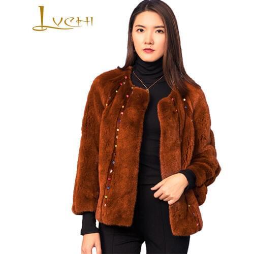 LVCHI Winter 2019 Import Velvet Real Mink Fur Coats Womens Coat Full Pelt O-Neck Beading Causal Caramel Colour Mink Fur Coats
