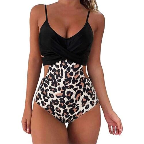 Leopard Swimsuit Women Swimwear Sexy Cross Straps Backless Side Hollow Out Wrap Bathing Suit High Waist Bikini Set Monokini 2021