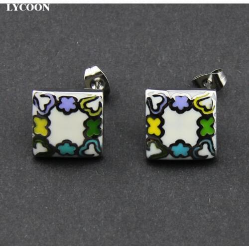LYCOON new stainless steel square style lady white Stud Earrings with colorful flower resin enamel earrings for women LYS019