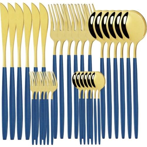 30Pcs Dinnerware Set Stainless Steel Kitchen Mirror Complete Tableware Knife Cake Fork Spoon Steel Gold Cutlery Table Set