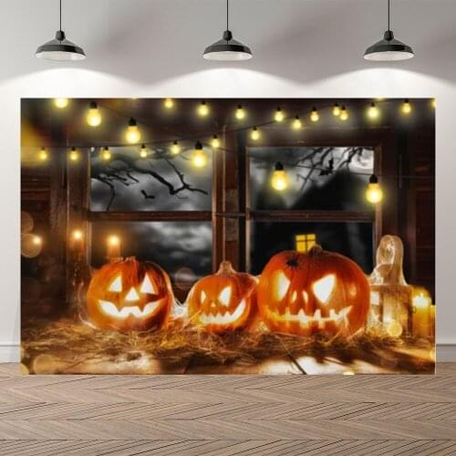 Neoback Halloween Party Light Candle Pumpkin Window View Photography Background Photographic Backdrop For Photo Studio Shoot
