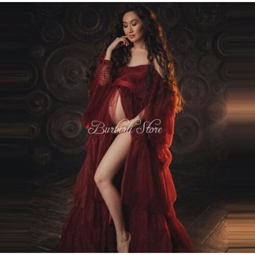 Charming Spaghetti Strap V-neck Ruffles Long Robe Maternity Women Dress Off The Shoulder Tiered Tulle Dresses To Photo Shoot