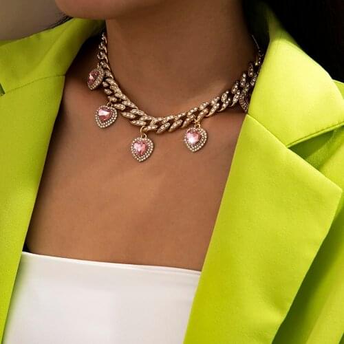 2021 Luxury Crystal Heart Pendant Choker Necklace Punk Aesthetic Rhinestone Miami Cuban Chain Necklace for Women Jewelry Gifts