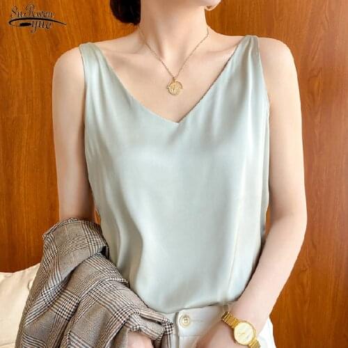 2021 Summer Spring Casual V-neck Thin Satin Vest Tops Sexy Sleeveless Solid Silk Blouse Womens Blouse Female Blusas Mujer 13711