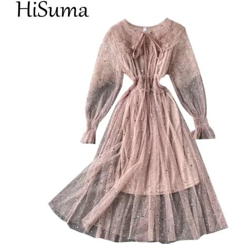 HISUMA Spring Autumn Women Flare Sleeve Bling Sequin Star Ruffle Pleated Chic Dress Lady Bead Elastic Slim Mesh Gauze Midi Dress