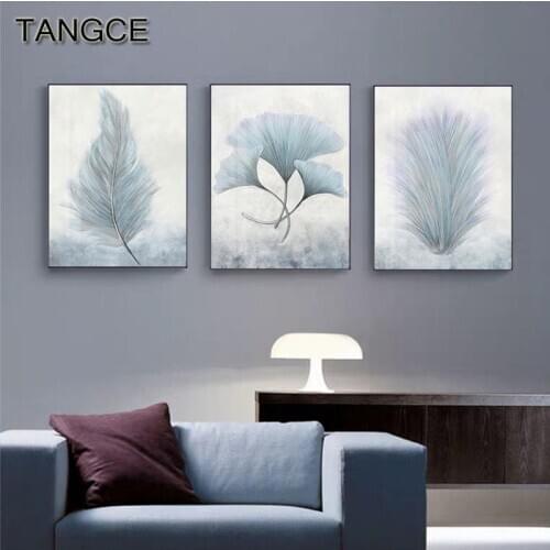 White Feather Plant Leaf Nordic Poster Abstract Light Blue Canvas Print Wall Art Painting Modern HD Picture Living Room Decor