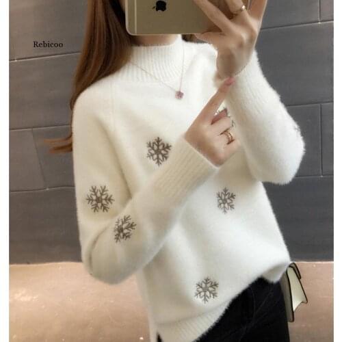 Sweater Women Turtleneck Pullover Jumper New Imitated Mink Embroidery Snow Flower Sweter Women Clothes
